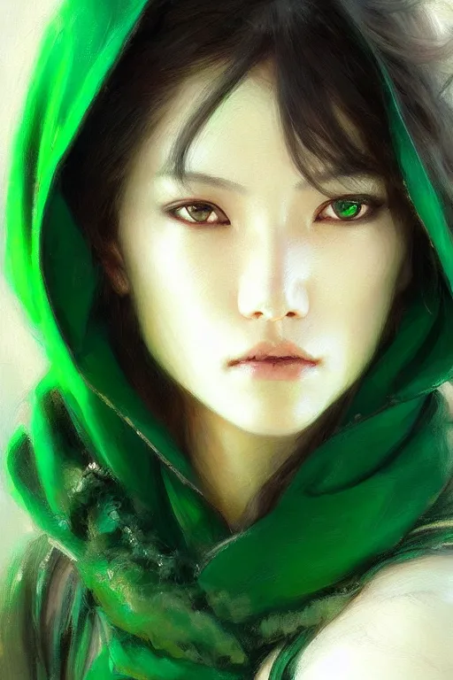 Prompt: an asian woman with emerald eyes and emerald hair that curls in the end, green aura, black hoodie, painting by daniel gerhartz, alphonse murac, detailed art, artstation