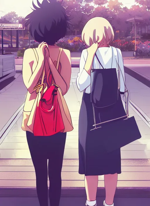 Image similar to two beautiful mature women waiting at a bus stop, summer clothes, gorgeous faces, thick lines, cinematic lighting, detailed anime art