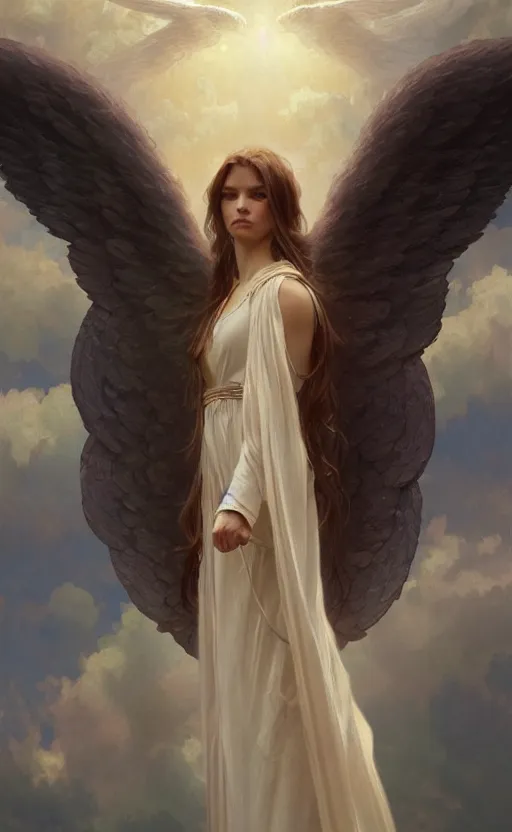 Prompt: a portrait of an angel woman, concept art, deep focus, sky, heaven, clouds, intricate, highly detailed, digital painting, artstation, matte, sharp focus, illustration, art by greg rutkowski and alphonse mucha