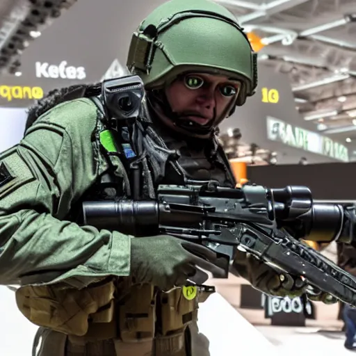 Image similar to a rare military frog equipped with rocket launcher and night vision target acquisition system, photo from defense innovation expo 2 0 2 2