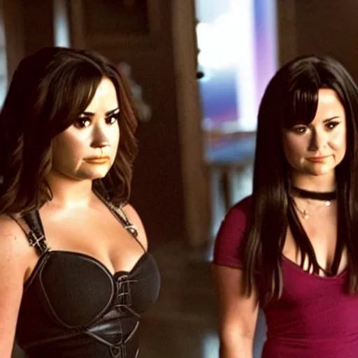 Image similar to close-up of Demi Lovato as Piper Halliwell and Selena Gomez as Phoebe Halliwell and Ariana Grande as Prue Halliwell in a Charmed movie directed by Christopher Nolan, movie still frame, promotional image, imax 35 mm footage