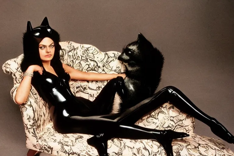 Image similar to studio photograph of Mila Kunis as Catwoman on a chaise lounge|batman returns 1992
