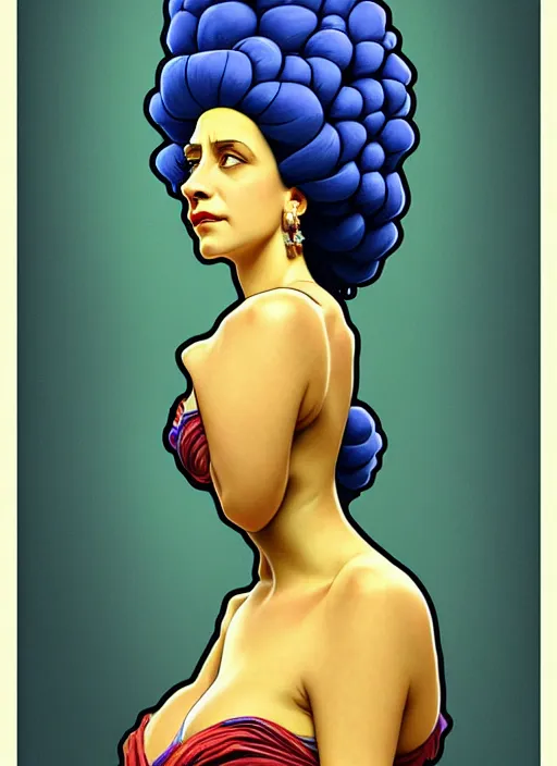 Image similar to oil portrait of marge simpson, intricate, elegant, highly detailed, lighting, painting, artstation, smooth, illustration, art by greg rutowski and alphonse mucha