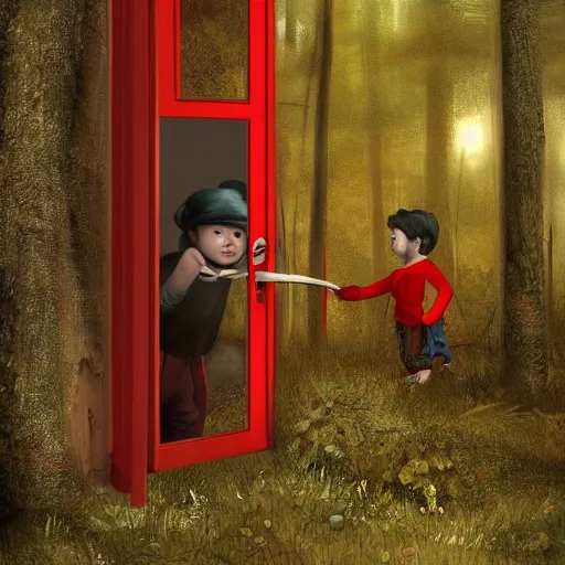 Prompt: boy in red is knocking the front door of a cabine in a forest, detailed, strong lighting, very conherent, by campion, pascale, trending on artstation