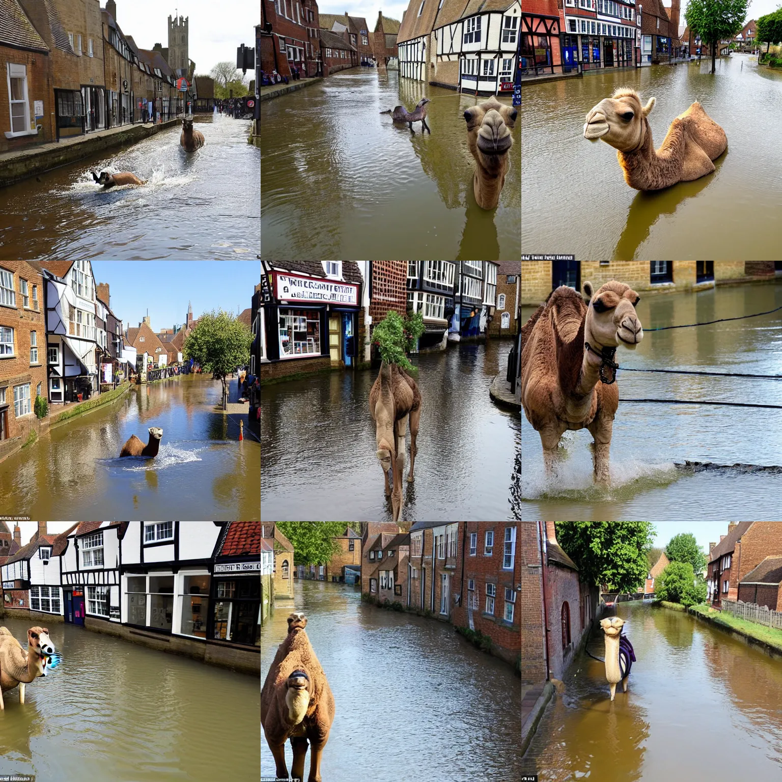Prompt: a camel swimming in the river stour in canterbury, seen from the high street