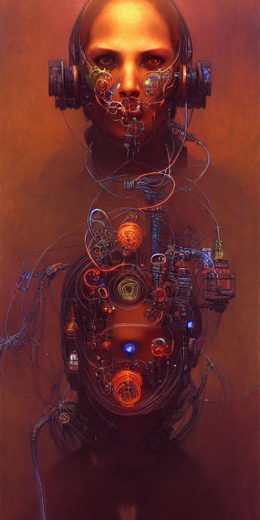 Image similar to ultra detailed, realistic cyberpunk portrait of one character, sci fi, cybernetic, wires, ar nouveau, by alfons maria mucha and zdzisław beksinski, dark mood, high detailed, 4 k, hd, high quality