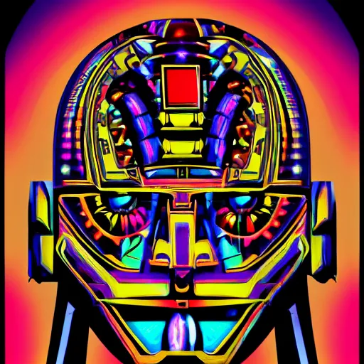 Image similar to hyperdetailed portrait of a aztec futurism punk robot head, 8 k, symetrical, flourescent colors, halluzinogenic, multicolored tshirt art, black background