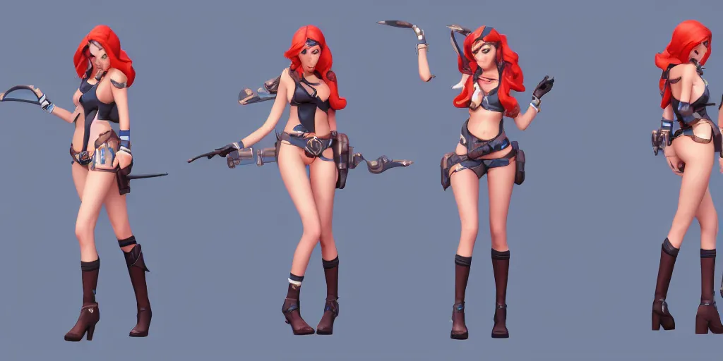 Prompt: Character sheet of pool party miss fortune (League of Legends). 3d, unreal engine 5, trending on artstation