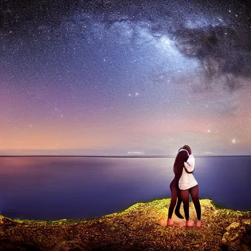 Prompt: two girls hugging under a starry sky, photo taken on a cliff by the sea, the milky way is reflecting on the sea water, 4k detailed reflections, digital art