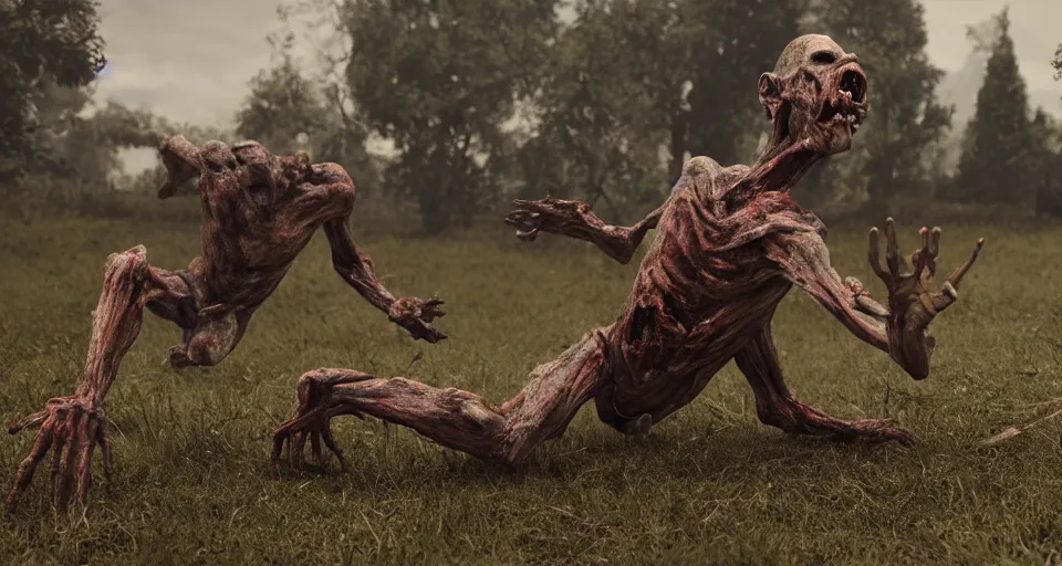 Prompt: still from a horror movie of grotesque deformed human lunging towards the camera, highly detailed, horror movie scene, unreal engine, octane render, natural light outside