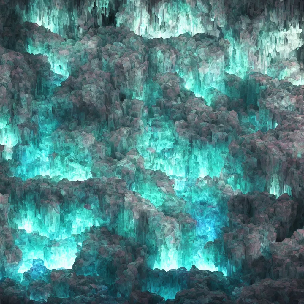 Prompt: A Spectacular Underground Cavern Made of Fluorite, Aquamarine, and Tourmaline, caustics, subsurface scattering, artstation, Octane render, 8k resolution