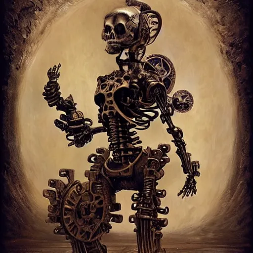 Image similar to steampunk skeletal robot, 3 d model, unreal engine realistic render, 8 k, micro detail, intricate, elegant, highly detailed, centered, digital painting, artstation, smooth, sharp focus, illustration, artgerm, tomasz alen kopera, peter mohrbacher, donato giancola, joseph christian leyendecker, wlop, boris vallejo