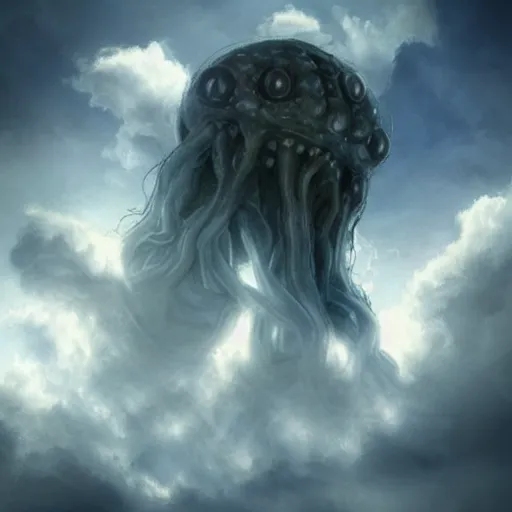 Prompt: a creepy eldritch lovecraftian monster in the clouds, realistic lighting