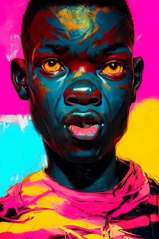 Image similar to portrait of a stylized african young angry boy painted in acrylic, pigment, in the colors hot pink and cyan, beautiful realistic face, rule of thirds, spotlight, by greg rutkowski, by jeremy mann, by francoise nielly, by van gogh, by ross tran, in focus