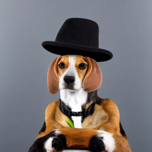 Prompt: beagle cat with a hat, black background, head shot, studio, 38mm