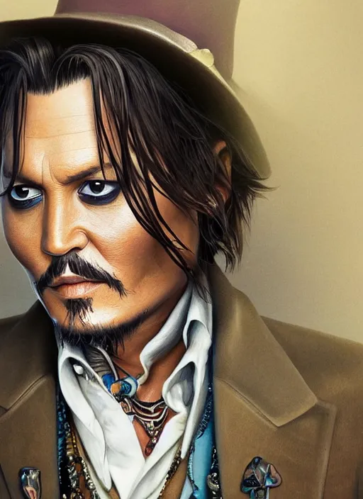 Image similar to portait of Johnny Depp, sharp focus, illustation, stunning lighting, realistic character concept, light atmosphere, golden ration, cinematic lighting, high resolution, insanely detailed and intricate, art by (Hayao Miyazaki and Matt Groening), 8k