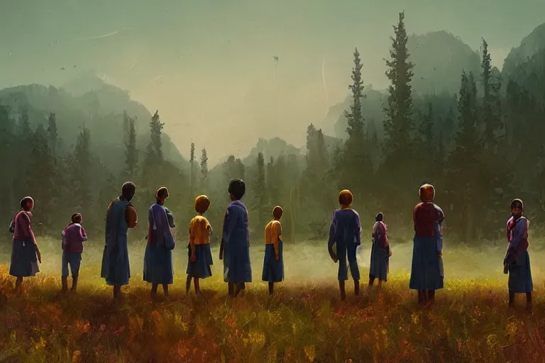 Prompt: kerala school kids wearing gender neutral uniform, an epic fantasy, dramatic lighting, cinematic, establishing shot, extremely high detail, photorealistic, cinematic lighting, artstation, matte painting by simon stalenhag, horizon forbidden west