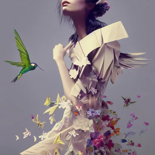Image similar to 3 / 4 view of a beautiful girl wearing an origami dress, eye - level medium shot, fine floral ornaments in cloth and hair, hummingbirds, elegant, by eiko ishioka, givenchy, by peter mohrbacher, centered, fresh colors, origami, fashion, detailed illustration, vogue, japanese, reallusion character creator