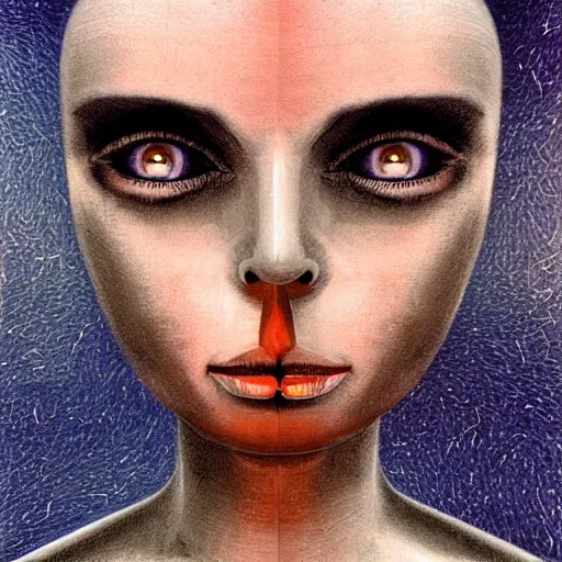 Prompt: The illustration is an abstract portrait of a woman. The woman's face is divided into two halves, one half is black and the other is white. The woman's eyes are large and staring. The illustration is full of energy and movement. clockpunk, macro photo by Vincent Di Fate, by Mark Ryden