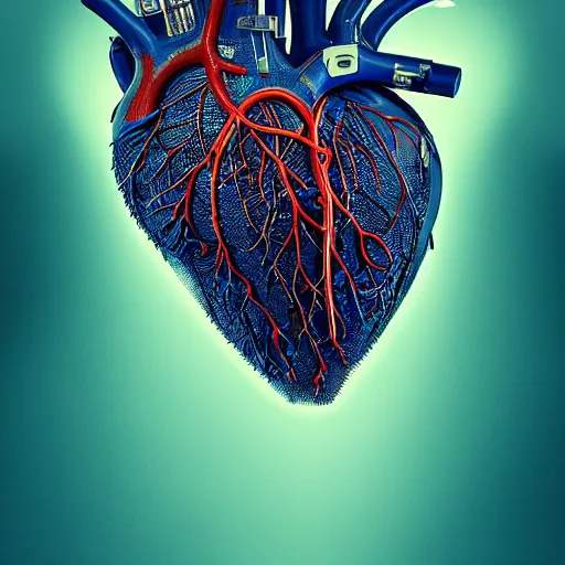 Image similar to a human heart, revealing wires and electronics, arteries, veins, human heart, anatomy, sci - fi, missing panels, intricate abstract upper body intricate artwork, concept art, octane render, deviantart, cinematic, key art, hyperrealism, iridescent accents, portrait photograph, nikon 3 5 mm, photograph by greg rutkowski