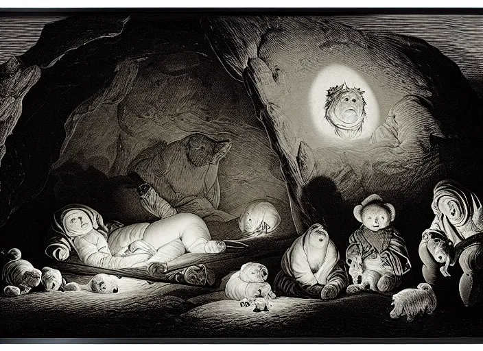 Image similar to Pieter Claesz's 'bear and her cubs sleeping in a dark cave lit by campfire', night time, cross hatching, framed