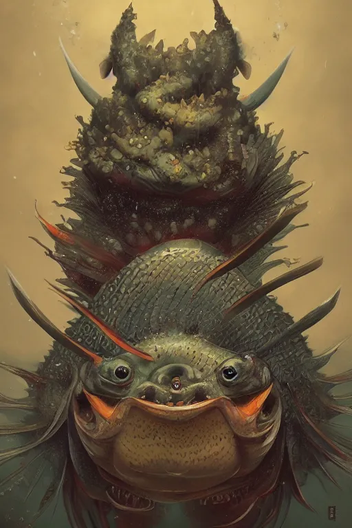 Image similar to a portrait of a japanese fish devil animal illustrated by miyazaki by karol bak, james jean, tom bagshaw, rococo, sharp focus, trending on artstation, cinematic lighting, hyper realism, octane render, 8 k, hyper detailed, vivid, ultra detailed, highly detailed