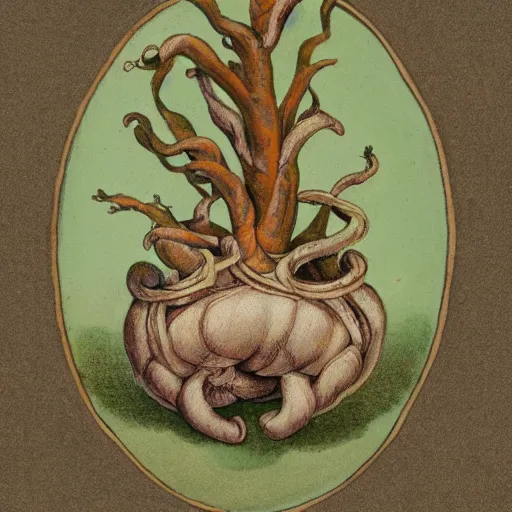 Image similar to fantasy mandrake root, in the ornamented porcelain pot, in the style of botanical illustration