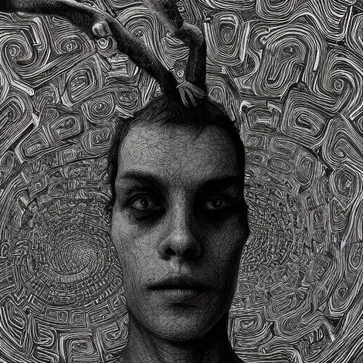 Prompt: inside a labyrinthine mind unraveling, by miles Johnston, sense of isolation, detailed illustration trending on artstation