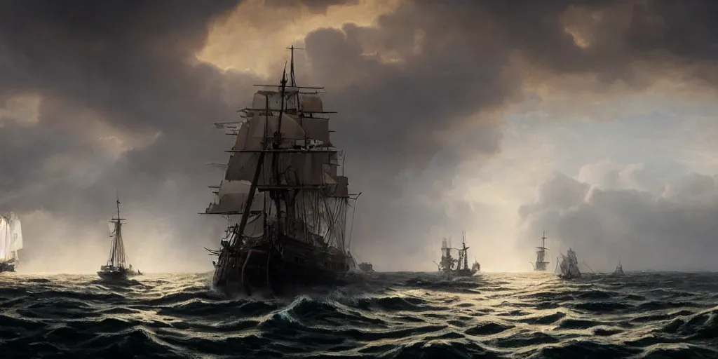 Prompt: Photorealistic,hyperdetailed hyper realistic close up shot rendering of sea battle with two galleons,dusk time,canon fire,explosions,full sails,smoke,Dark raging waters,dark stormy clouds by Greg Rutkowski,Jacques-Louis David,Beautiful dynamic dramatic very dark moody lighting,shadows,Cinematic Atmosphere,high surface and silhouette details,Octane Render,8k