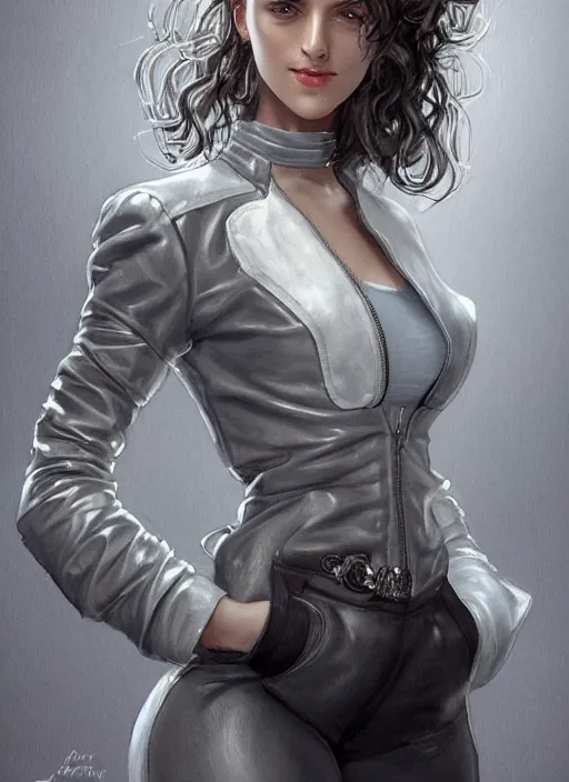 Image similar to girl in short white! top and short gray! leather jacket, long dark curly hair, high waist sweatpants, intricate, elegant, highly detailed, digital painting, artstation, concept art, smooth, clockwork, sharp focus, illustration, metart, art by artgerm and greg rutkowski and alphonse mucha, 8 k