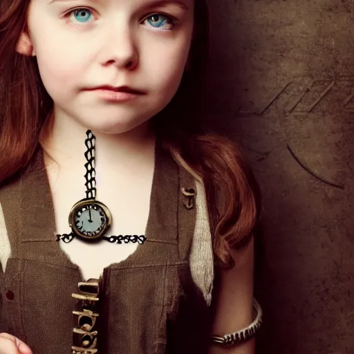 Prompt: photo of steampunk little girl wears a clock necklace