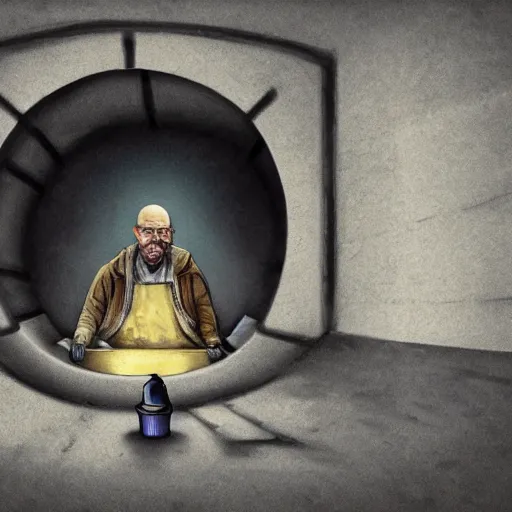 Prompt: Walter white hiding in a sewer, dark, unlit, photorealistic