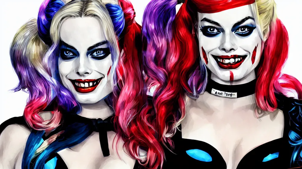 Image similar to portrait of Margot Robbie as Harley Quinn, Pixiv style, detailed,