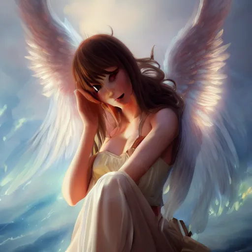 Image similar to an oil painting of a beautiful anime girl with angel wings, by artgerm, wlop and greg rutkowski, hd, hdr, ue 5, ue 6, unreal engine 5, cinematic 4 k wallpaper, 8 k, ultra detailed, high resolution, artstation, award winning