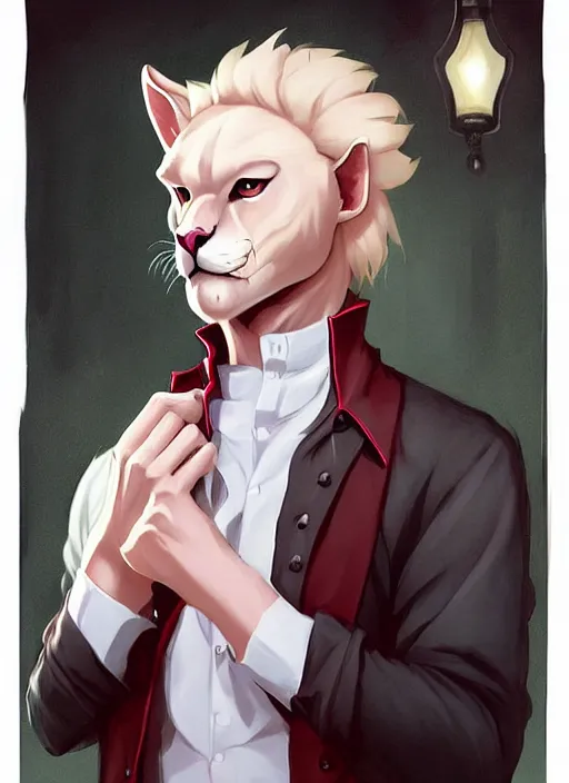 Prompt: beautiful portrait commission of a male furry anthro albino mountain lion with dark red eyes wearing a dress shirt in an old-timey Saloon. Atmospheric. Character design by charlie bowater, ross tran, artgerm, and makoto shinkai, detailed, inked, western comic book art