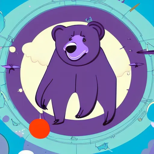 Image similar to cartoon illustration of a bear mascot being launched from a futuristic marble planet, purple and orange cloudland