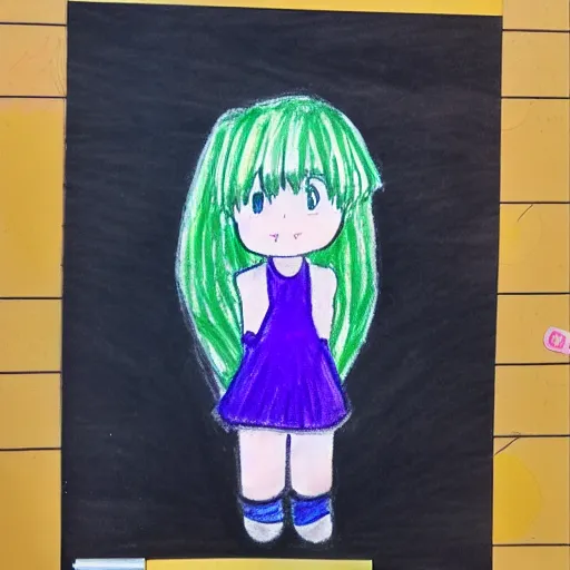 Prompt: crayon drawing of anime girl by a kindergarden student