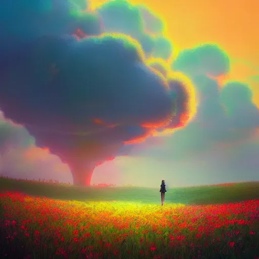 Image similar to giant flower as a head, girl walking in flower field, surreal photography, sunrise, dramatic light, impressionist painting, colorful clouds, digital painting, artstation, simon stalenhag