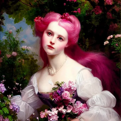 Image similar to Alice in Wonderland,a portrait of a beautiful Pink hair girl,Diamonds Blaze,Rose twining,luxuriant,dreamy, eternity, romantic,highly detailed,in the style of Franz Xaver Winterhalter, highly detailed,in the style of Aetherpunk