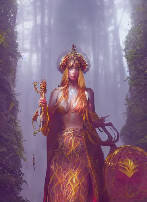 Image similar to Beautiful art portrait of a female fantasy priestess in a bright temple surrounded by lush forest, atmospheric lighting, intricate detail, cgsociety, hyperrealistic, octane render, RPG portrait, ambient light, dynamic lighting