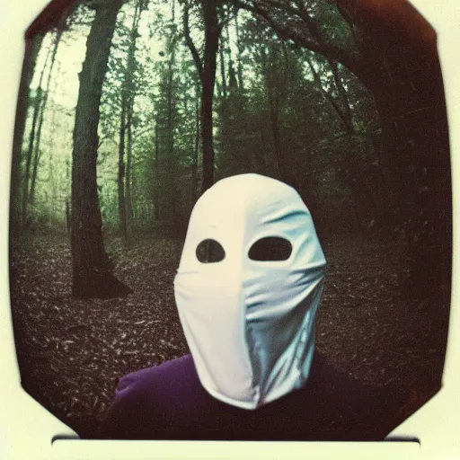 Prompt: man wearing a ghost face mask in the woods, 8 0 s, polaroid, disposable film, 8 mm