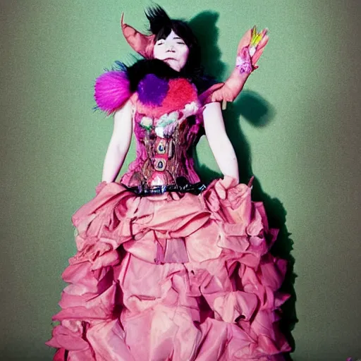 Prompt: bjork in a gown inspired by steampunk flowerpunk afterlife