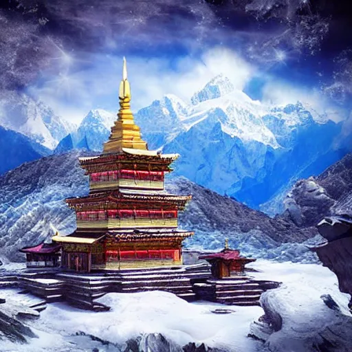 Image similar to snowy peaks, himalayas, buddhist temple, stunning, extraordinary, blizzard, mystical, made in abyss style, detailed, dynamic scene