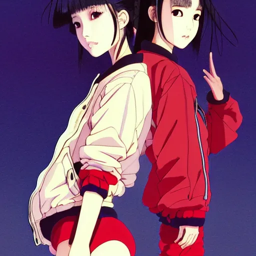 Image similar to a beautiful japanese natalie portman gravure model, wearing oversized native designer bomber jacket and leotard with overalls, bulky poofy bomber jacket with mesoamerican patterns, mesoamerican native street fashion, gapmoe yandere grimdark, trending on pixiv fanbox, painted by greg rutkowski makoto shinkai takashi takeuchi studio ghibli, akihiko yoshida