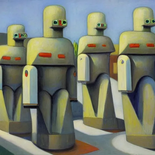 Image similar to robot druids in a grand processional, capital plaza, grant wood, pj crook, edward hopper, oil on canvas