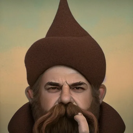 Prompt: young gnome - like man, oversized brown beard and mustache, macbook on his lap, wispy smoke, surreal, art nouveau, photorealistic, octane render, unreal engine, mucha, magritte, artgerm, greg rutkowski, trending on artstation, super detailed, 8 k, control the soul