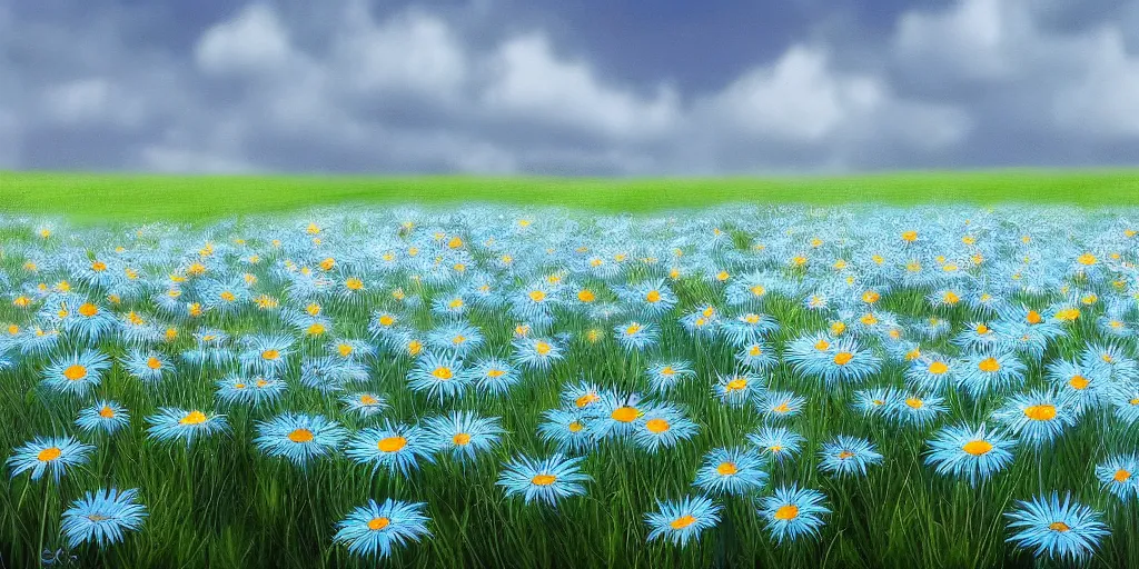 Image similar to field of light blue daisies, matte painting, white sky