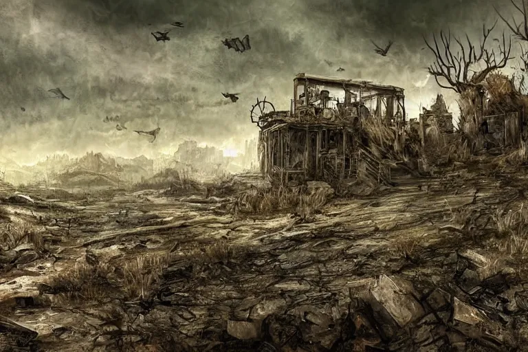 Image similar to a post apocalyptic landscape by boss ross.