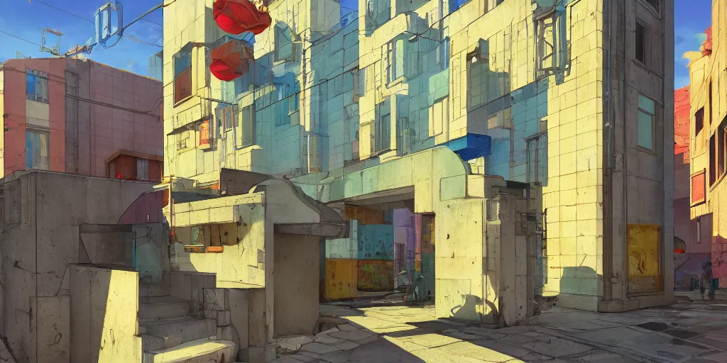 Image similar to neo brutralism, concrete housing, an archway, concept art, colorful, vivid colors, sunshine, light, shadows, reflections, oilpainting, cinematic, 3D, in the style of Akihiko Yoshida and Edward Hopper