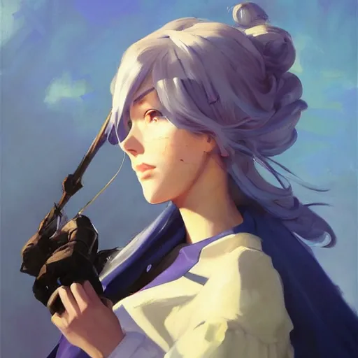 Image similar to greg manchess portrait painting of violet evergarden as overwatch character, totally whack, medium shot, asymmetrical, profile picture, organic painting, sunny day, matte painting, bold shapes, hard edges, street art, trending on artstation, by huang guangjian and gil elvgren and sachin teng